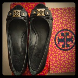 Leather Tory Burch Reeva wedge peep toe heels